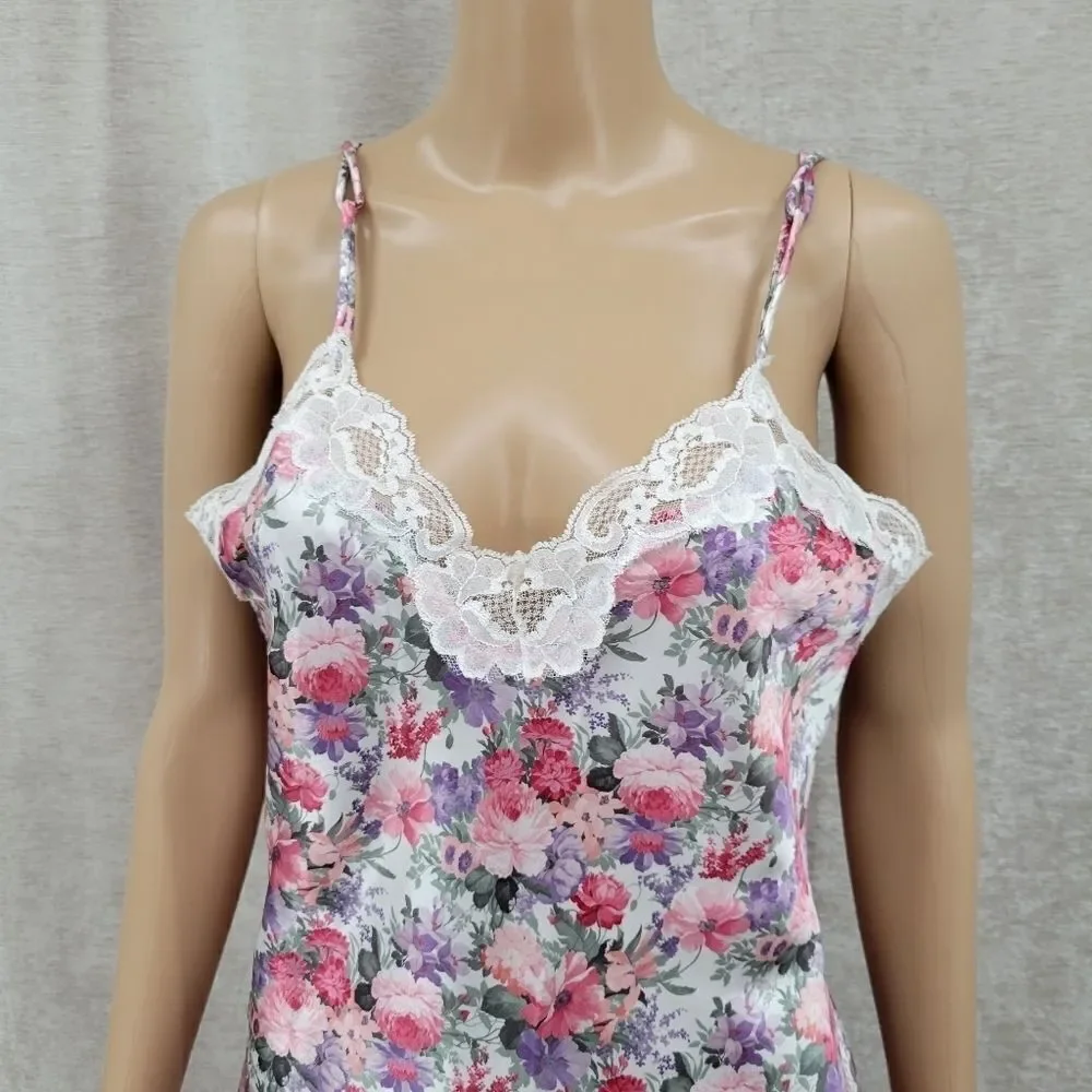 Floral Satin Lace Slip Dress Chemise Negligee and Matching Robe Set Pink